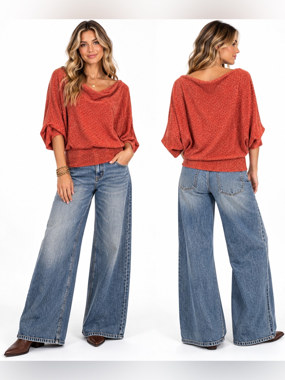 Easel Coral Rust Textured Knit Dolman Sleeve Boat Neck Sweater Boho Chic S